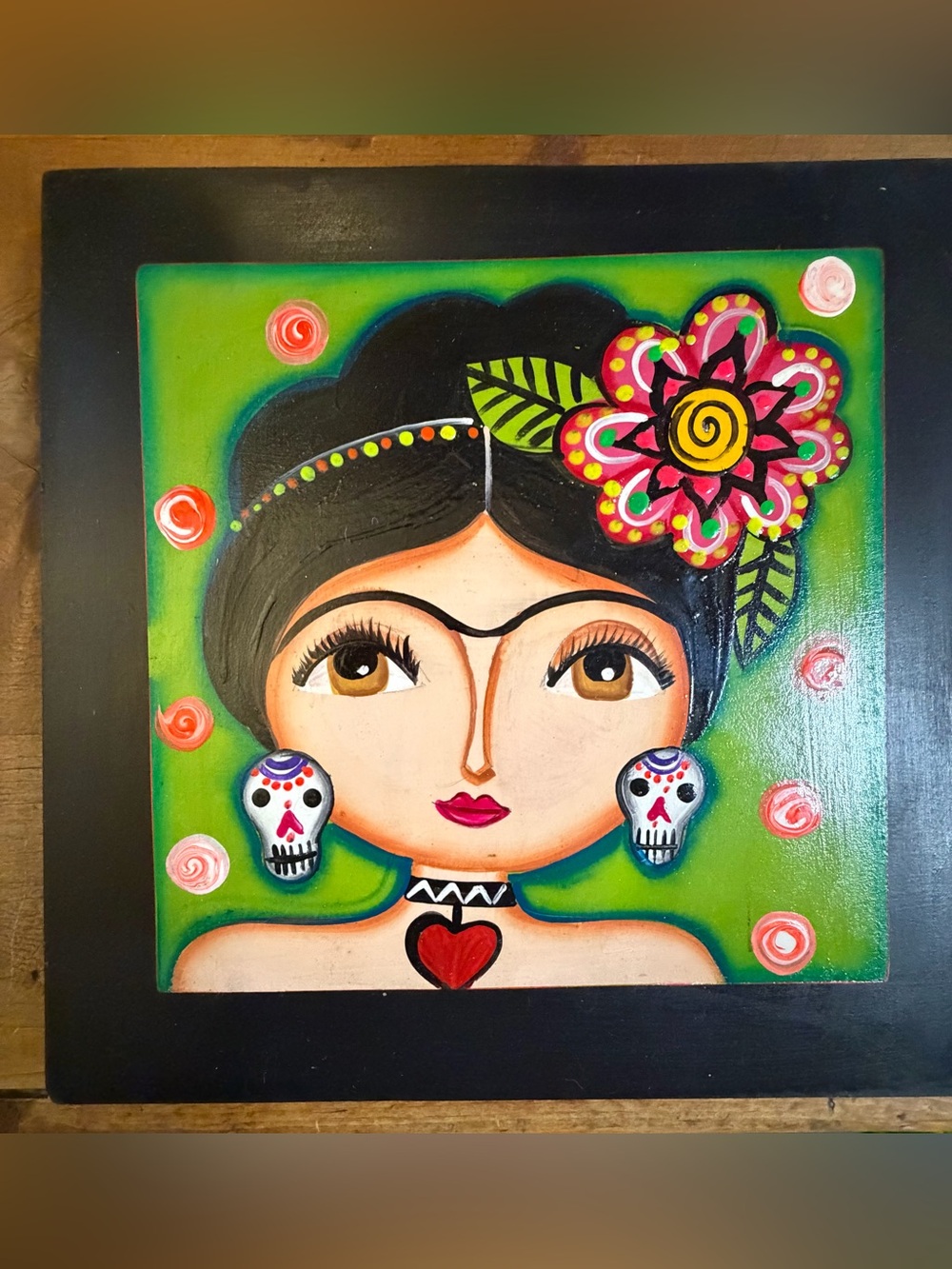 Original Frida Kahlo Framed Acrylic Folk Art Painting 9x9 Miami Local Artist